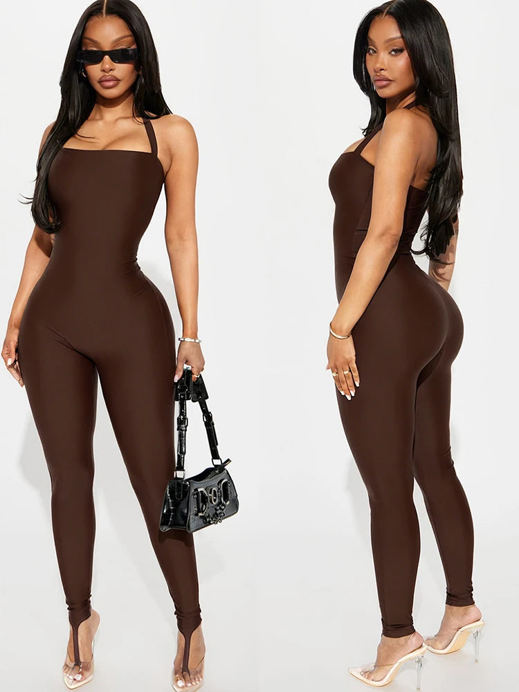 Weird Puss Hipster Backless Jumpsuit Women Halter Lace-Up Low Chest Sexy Solid Midnight Activity Stretch Slim Streetwear Overall