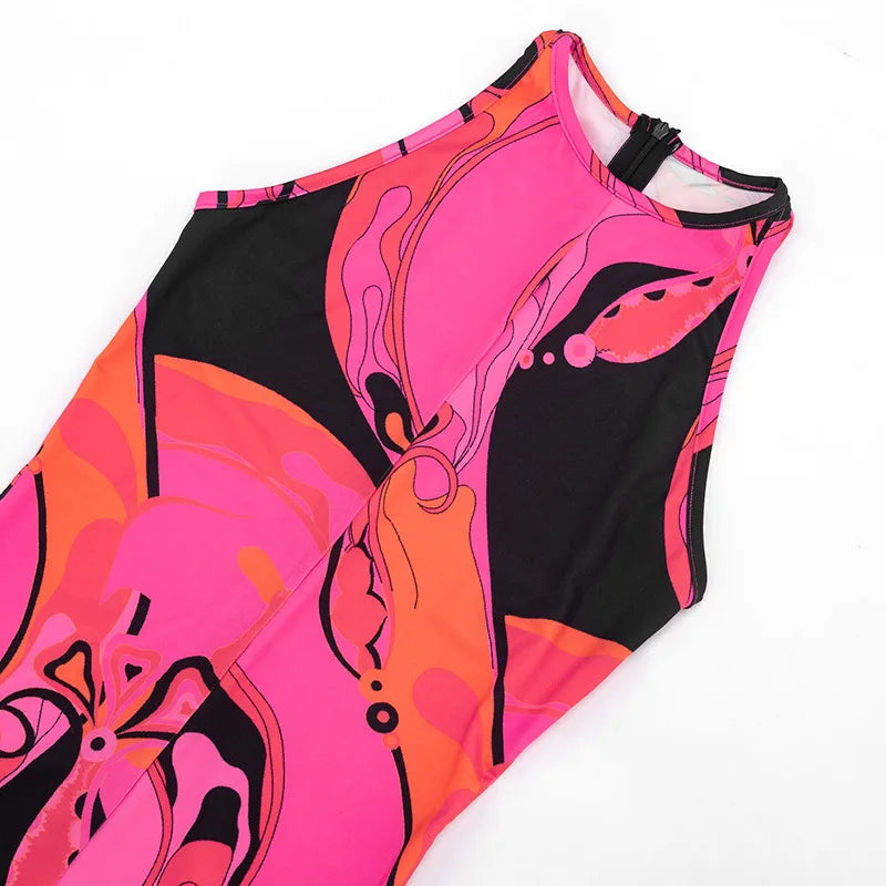 FAGADOER Fashion Rose Red Print Bodycon Jumpsuits Sexy Color Patchwork Off Shoulder Zipper Rompers Streetwear Club Playsuits New