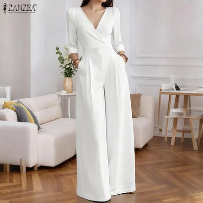 ZANZEA OL Work Party Women Jumpsuits Solid Color Summer 3/4 Sleeve Sevy V Neck Rompers Solid Playsuits Wide Leg Pants Streetwear