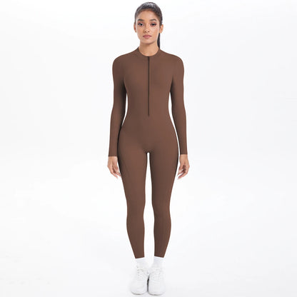 Solid Color Bodysuits for Woman's Backless Long Sleeved Zipper Yoga Jumpsuits High Dtrength Workout Sports Fitness Clothing Set