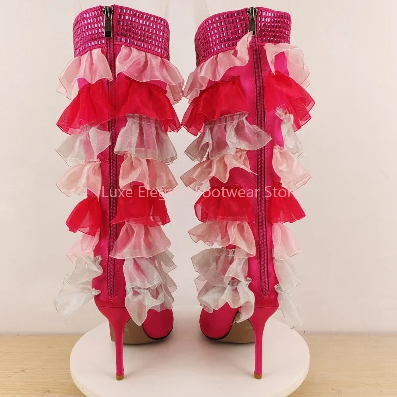 Pink Satin Tulle Ruffle Mesh Rhinestone Knee High Boots Women Back Zipper Pointed Stiletto Long Boots Sweet Lovely Party Boots