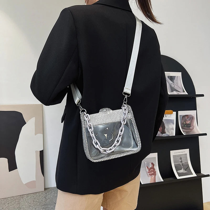 2026 NEW Transparent Shoulder Bag New Chain Handbag Fashionable Diamond Inlaid Jelly Bag PVC Women Crossbody Bag
