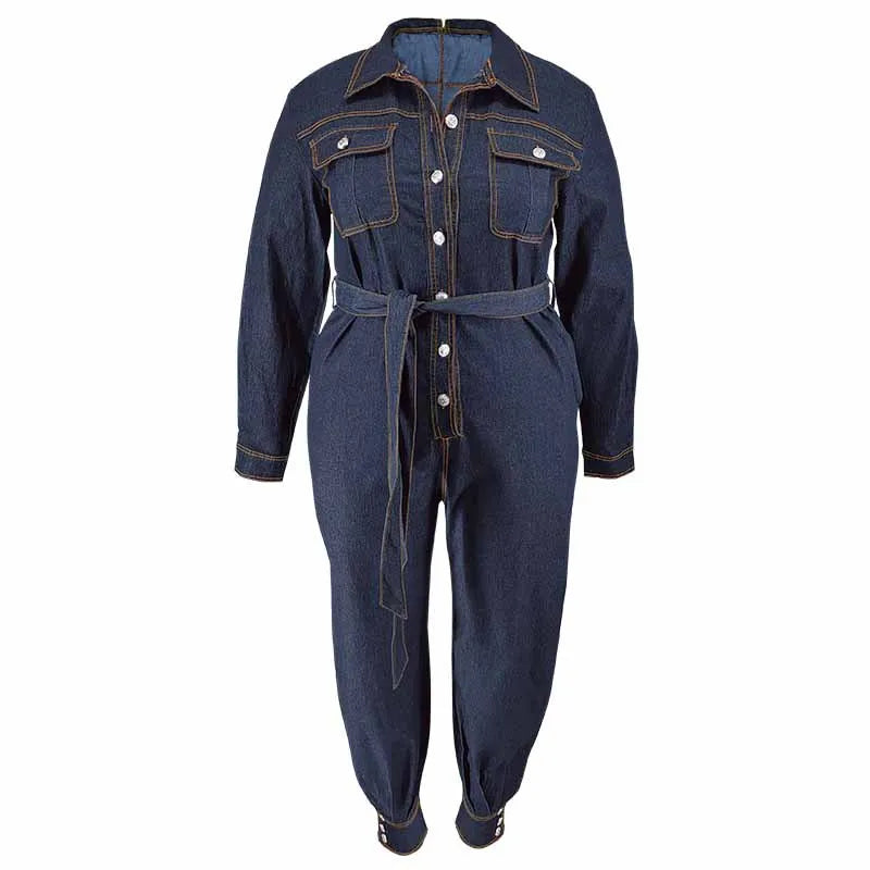Jumpsuits Women Denim One Piece Turn Down Collar Y2k Streetwear Overalls Long Pants Lace Up High Waist Casual Spring Rompers
