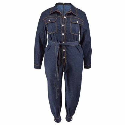 Jumpsuits Women Denim One Piece Turn Down Collar Y2k Streetwear Overalls Long Pants Lace Up High Waist Casual Spring Rompers