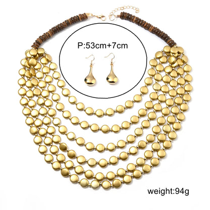 2026 Trend MultiLayer Round Wood Disc Handmade Beaded Statement Necklace Earrings Set For Women Beach Holiday Party Accessories