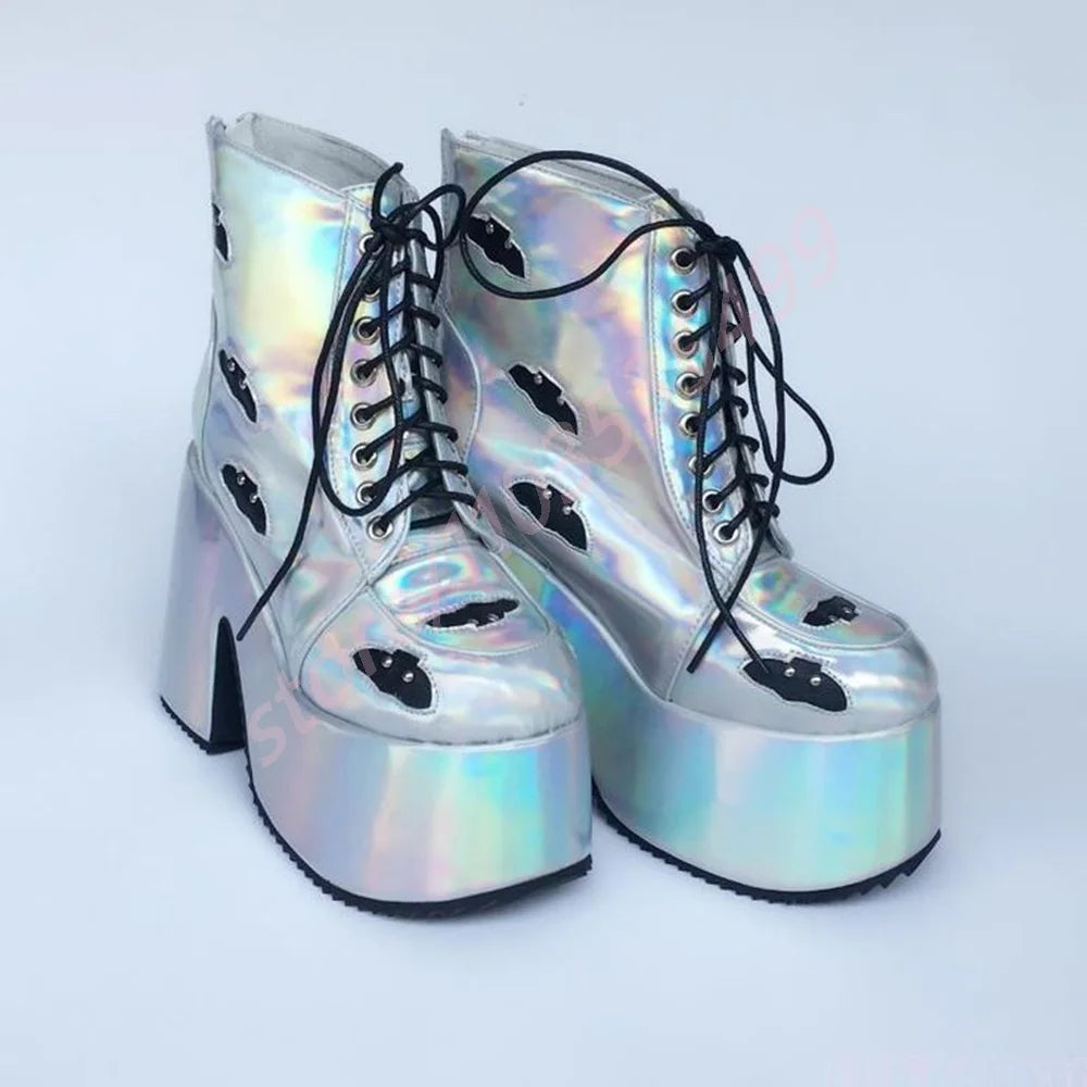 Thick Sole Round Toe Punk Party Boots 2025 New Street Rock Lace-Up Motorcycle Boots Fashion 34-48 Thick High Heel Ankle Boots