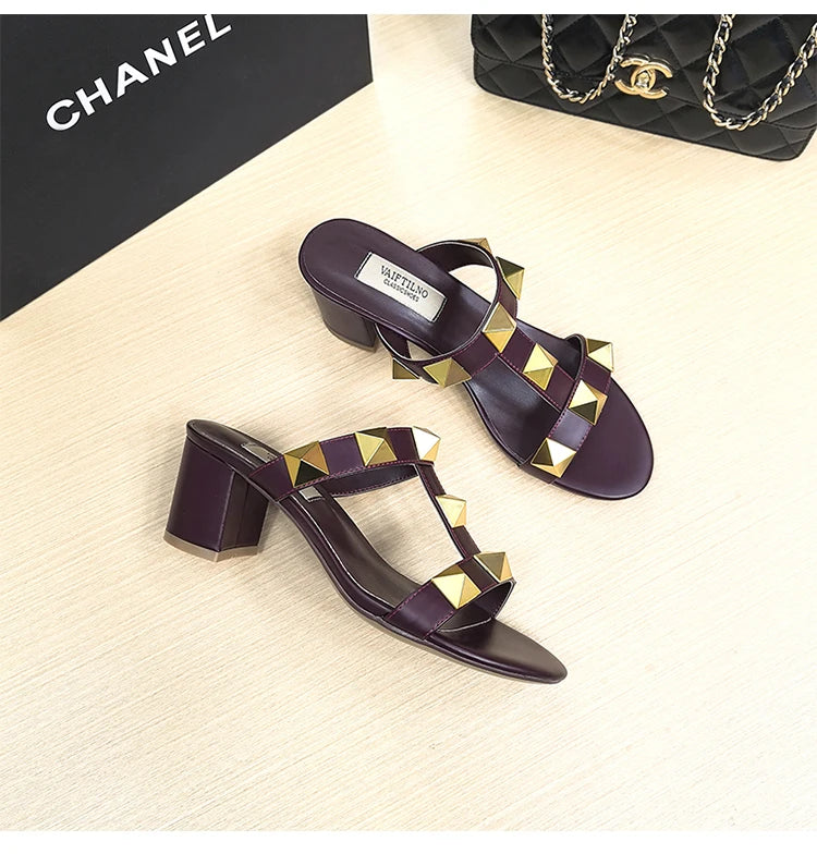 Women's Heels Sandals Gladiator Summer Luxury Brand Designer Rivets Open Toe Slipper Slingbacks Comfortable Ladies Shoes Women