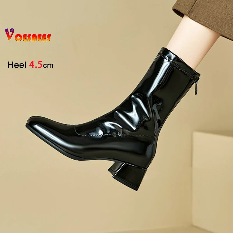 Black Thick Heel Short Boots For Women 4.5CM Fashion Back Zipper Autumn Winter Woman Shoes Square Toe Leisure Daily Ankle Boots