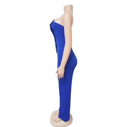 Sexy Backless Strapless Jumpsuit Summer Women Fashion Solid Button Sleeveless Slim Fit Wrap Hip Jumpsuits Elegant Office Romper
