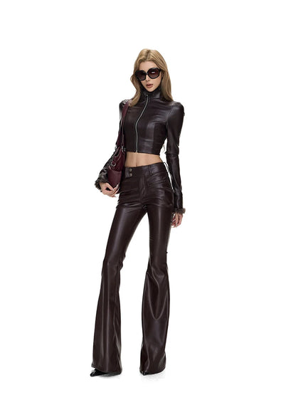 Lautaro Spring Summer Sexy Fitted Short Faux Leather Jacket Women Luxury Designer Zip Up Clothes Women Cropped Top Streetwear
