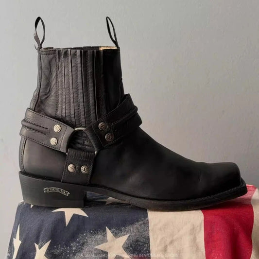 Black Short Boots for Women, Retro Distressed Boots, Square Toe Thick Heel Boots,moto Increased Mid-century Boots