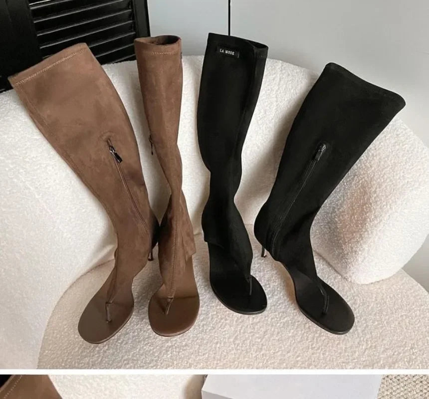 2025 Black Open Toe Clip-On Knee Boots Women's Modern Booties Thin Low Heel Side Zip Spring Summer Party Heels Sandals