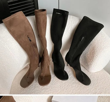 2025 Black Open Toe Clip-On Knee Boots Women's Modern Booties Thin Low Heel Side Zip Spring Summer Party Heels Sandals