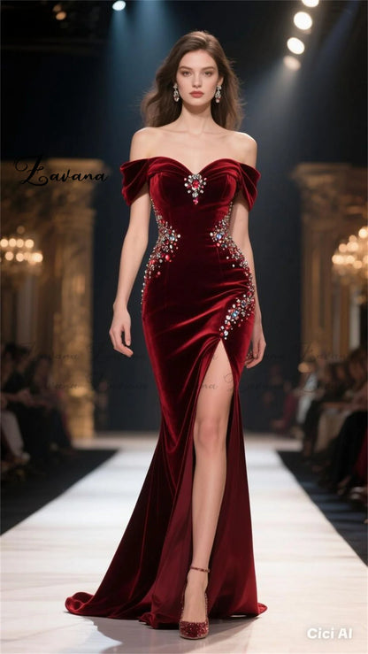 Zavana Classic Velvet Evening Dress with Slit Rhinestones Pleat Trumpet Off Shoulder Formal Party Robes De Soiree Customized