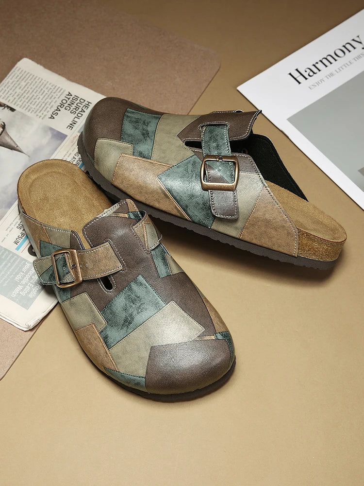 Unisex Cork Closed Toe Slippers Slip-on Clogs Slides Fashion Leather Sandals with Adjustable Buckle Backless Comfort Footbed