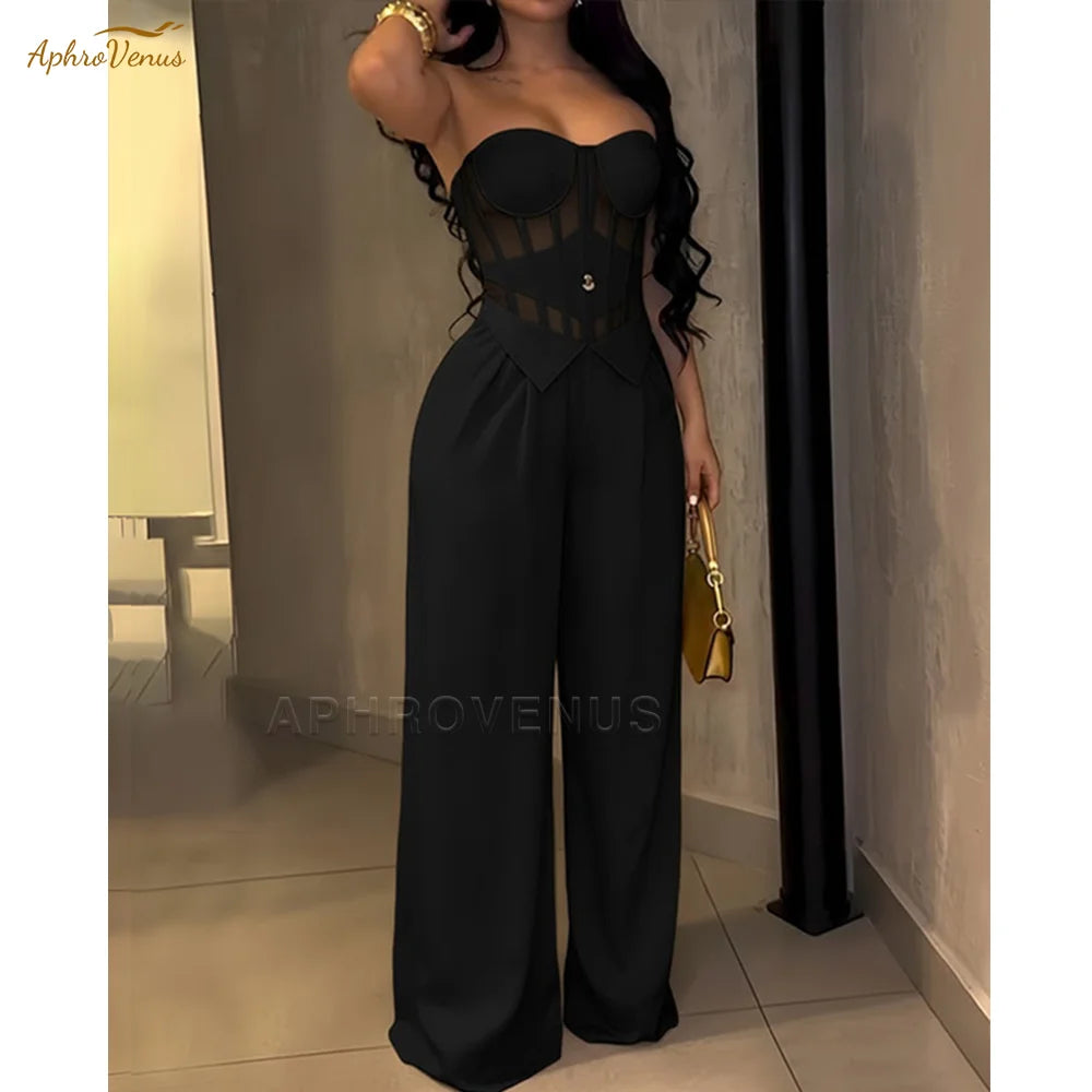 Women's Sexy Strapless Solid Color Jumpsuit Slimming High Waist Wide Leg Long Pants Elegant Party Romper Classy Clubwear Outfit