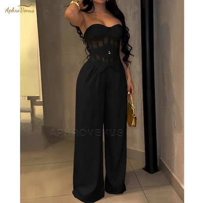 Women's Sexy Strapless Solid Color Jumpsuit Slimming High Waist Wide Leg Long Pants Elegant Party Romper Classy Clubwear Outfit