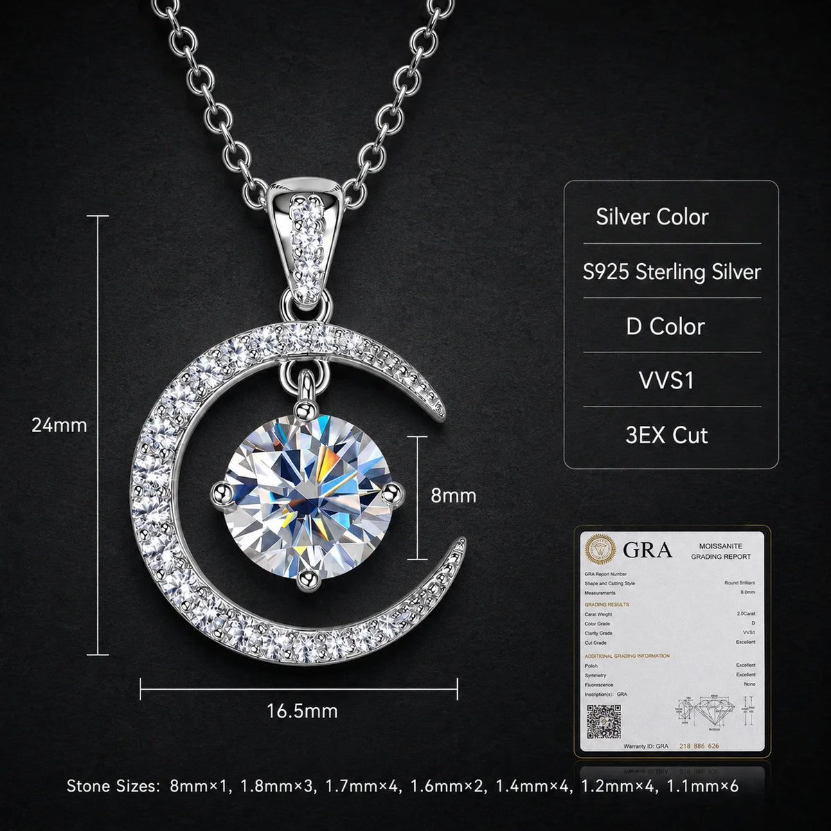 S925 Sterling Silver Moissanite Crescent Moon Necklace Dancing Stone Pendant Gold Silver Tone Fine Jewelry Gift for Women