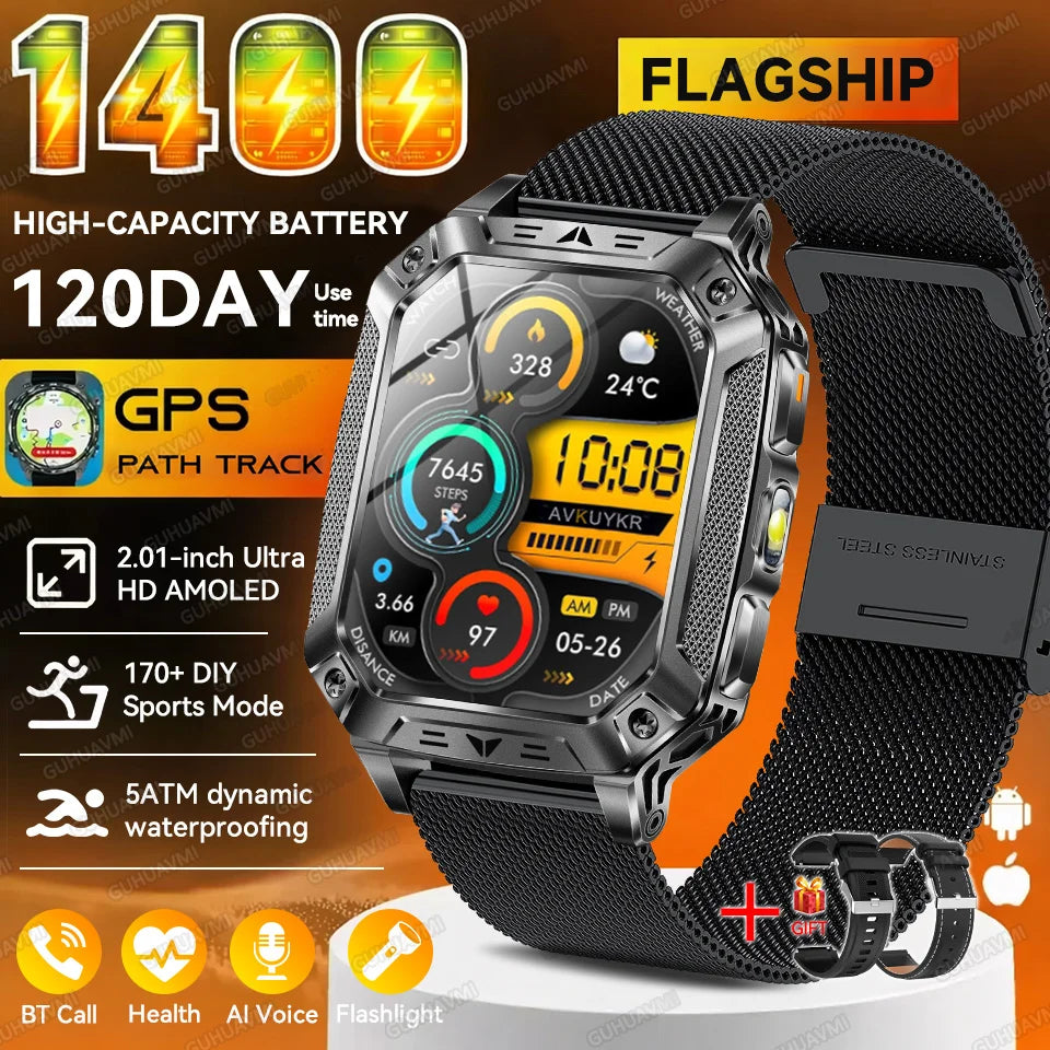 2026 New Outdoor GPS Smart Watch 1400mAh High Capacity Battery 2.01" Sapphire Screen 10ATM Waterproof Dual-color Lamp Smartwatch