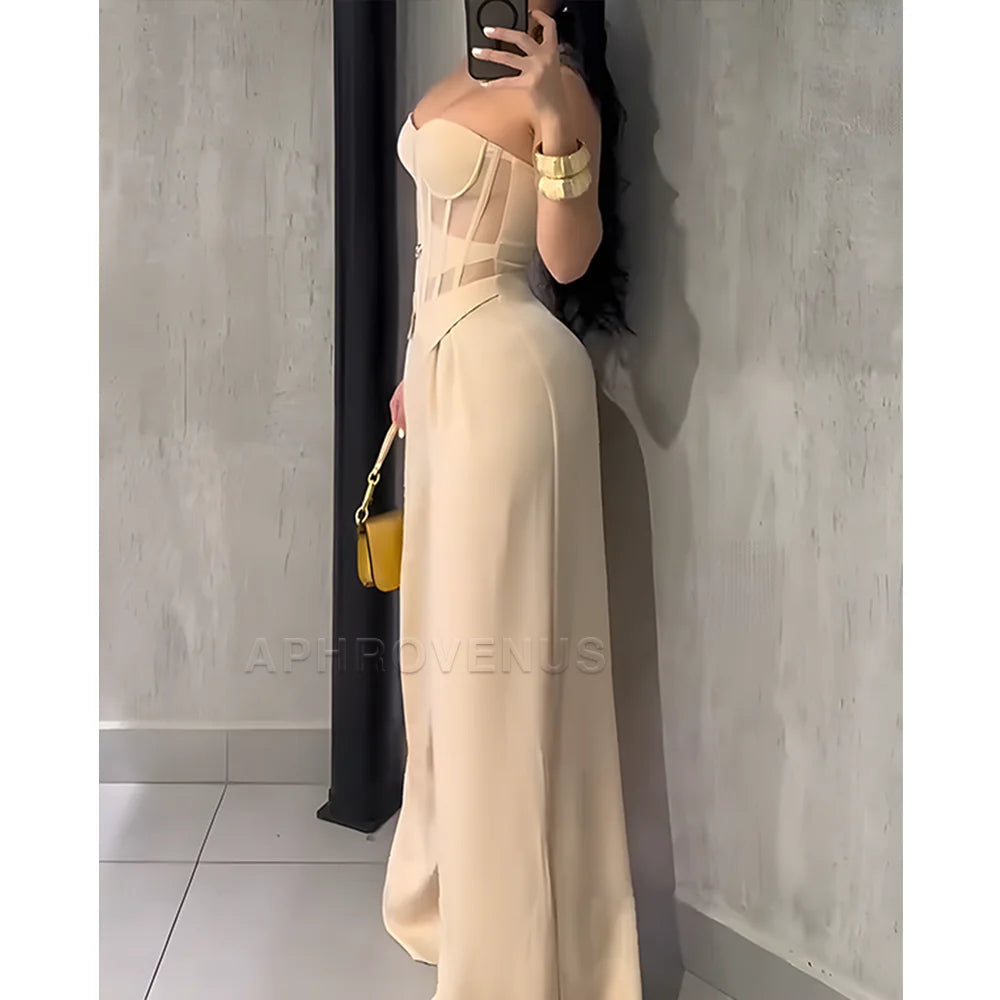 Women's Sexy Strapless Solid Color Jumpsuit Slimming High Waist Wide Leg Long Pants Elegant Party Romper Classy Clubwear Outfit