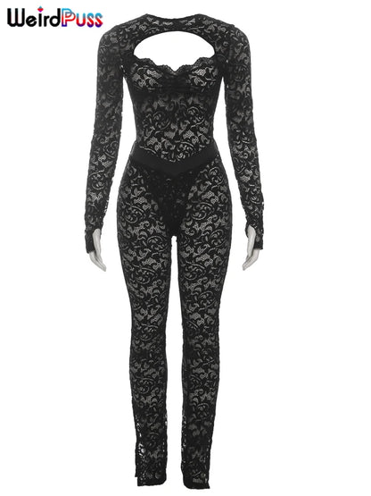 Weird Puss See Through 2 Piece Set Women Sexy  Hollow Jacquard Backless Bodysuit+Leggings Tight Activity Clubwear Skinny Outfits