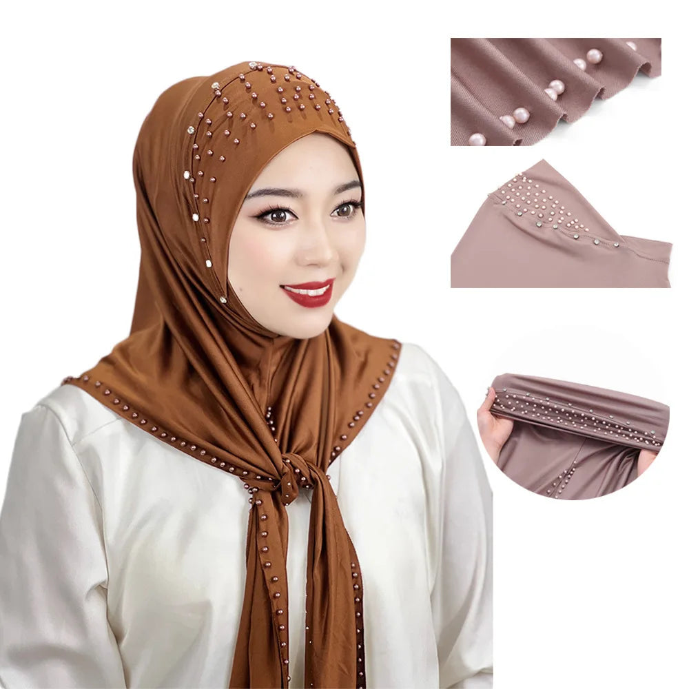 2026 Fashion Versatile Beaded Hijab for Women,Mid-Length Convenient Pull-over Hat Scarf,Malay Shawl Pure Color Women's Headscarf