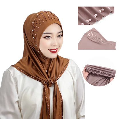 2026 Fashion Versatile Beaded Hijab for Women,Mid-Length Convenient Pull-over Hat Scarf,Malay Shawl Pure Color Women's Headscarf