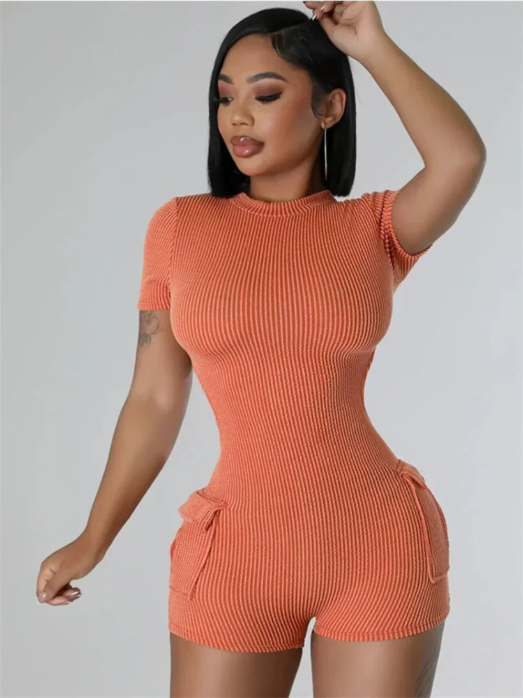 Knitted Ribbed Bodycon Playsuit Women Rompers Summer Clothes Short Sleeve Open Back Pockets Skinny One Piece Jumpsuit De Mujeres