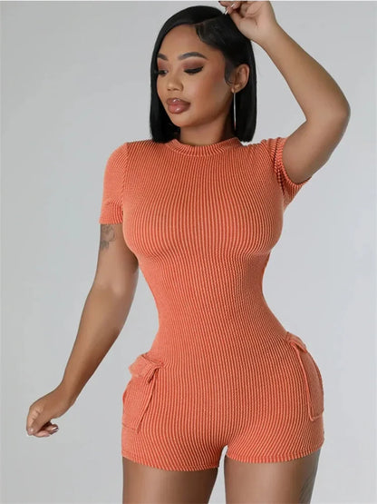 Knitted Ribbed Bodycon Playsuit Women Rompers Summer Clothes Short Sleeve Open Back Pockets Skinny One Piece Jumpsuit De Mujeres