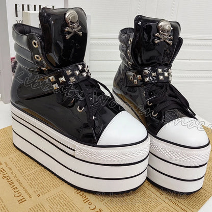 Leather Sports Ankle Boots Platform Rivet Lace-Up Women Shoes Mixed Color Thick Bottom Round Toe Luxury Novelty Concise Sexy New