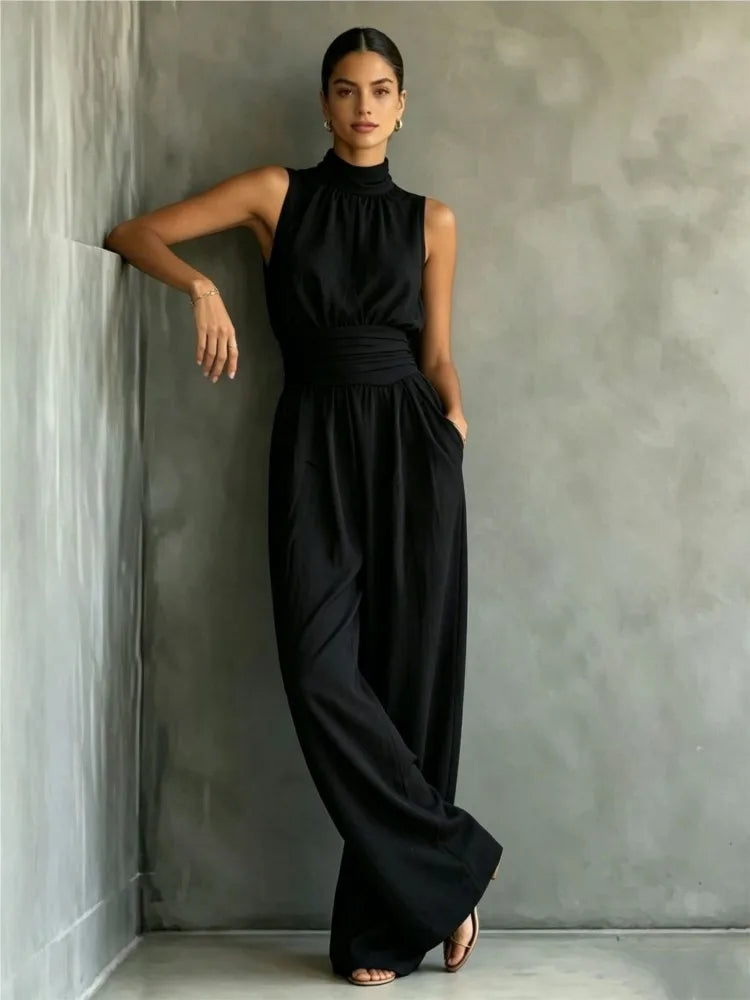 Summer New Fashion Half Turtle Collar Sleeveless Women's Jumpsuit 2026 Elegant Slim Waist Shaping Wide Leg Female Rompers