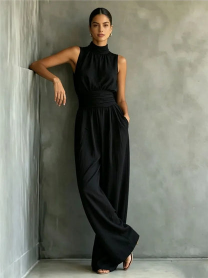 Summer New Fashion Half Turtle Collar Sleeveless Women's Jumpsuit 2026 Elegant Slim Waist Shaping Wide Leg Female Rompers