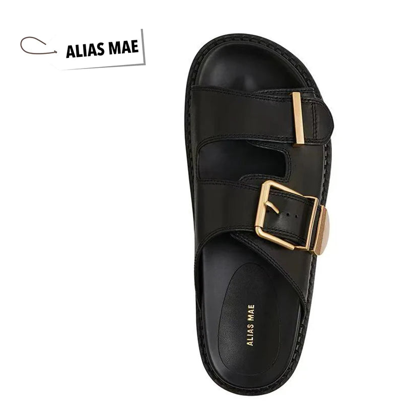 ALIAS MAE Women's Genuine Leather Double-Strap Slippers Vintage Gold Buckle Streetwear Beach Sandals Minimalist Luxury Style