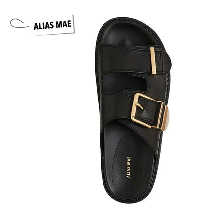 ALIAS MAE Women's Genuine Leather Double-Strap Slippers Vintage Gold Buckle Streetwear Beach Sandals Minimalist Luxury Style