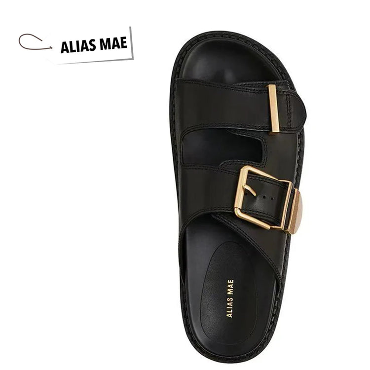 ALIAS MAE Women's Genuine Leather Double-Strap Slippers Vintage Gold Buckle Streetwear Beach Sandals Minimalist Luxury Style