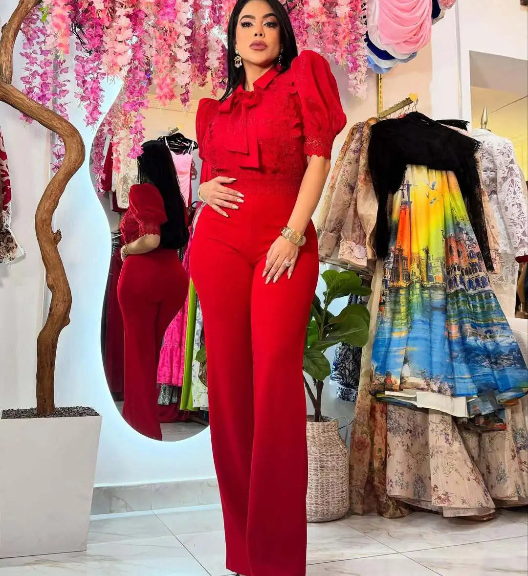 Patchwork Wide Leg Party Jumpsuit Sexy Women Turn Down Collar Elegant Lace Night Club Romper Overalls