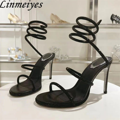Summer Crystal Gladiator Sandals Women Rhinestone Twine Around Ankle Snake Wedding Shoes High Heels Sandals Woman
