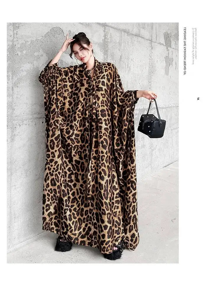 Leopard Print Loose Bat-sleeve Dress Women Summer Stand-up Collar Tie-waist Oversize Slimming Casual Long Dress XY420