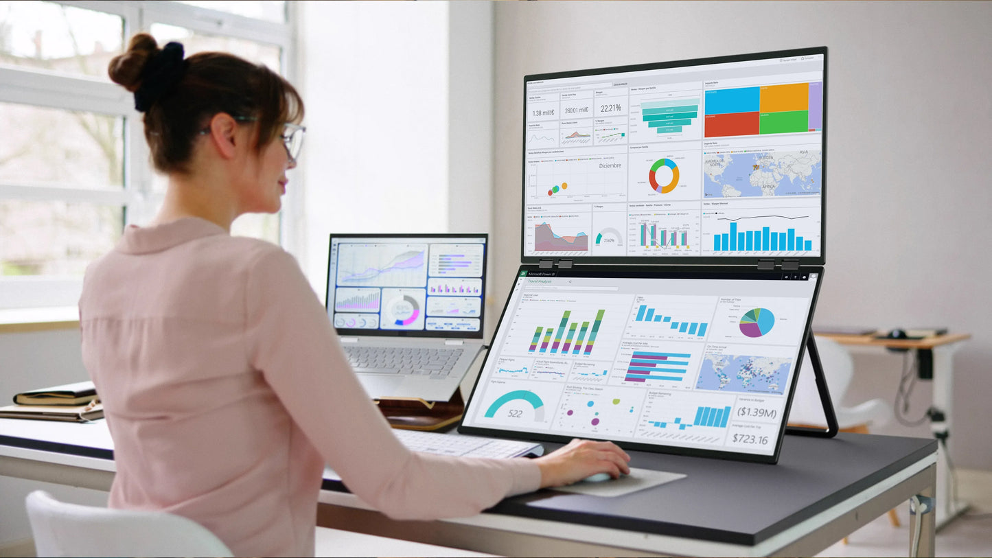 UPERFECT Delta Mega 23.8 Inch 100Hz Dual Screen Stacked Computer Display 1080P 360° Folding Triple Extender Monitor with Speaker