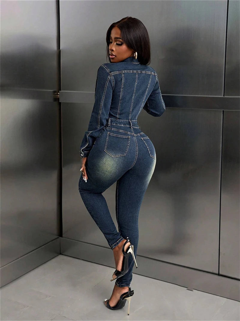 Streetwear Jean Jumpsuits Fall Clothes Women Full Sleeve Bodycon Pencil Pants Denim Rompers Playsuits One Pieces Overalls Outfit