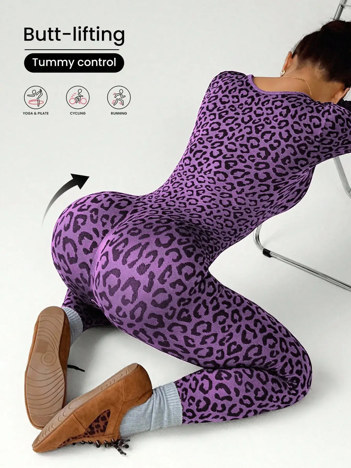 Women Leopard Print Tight Jumpsuit Slimming Hip Hugging Long Sleeve U Collar Stretchy