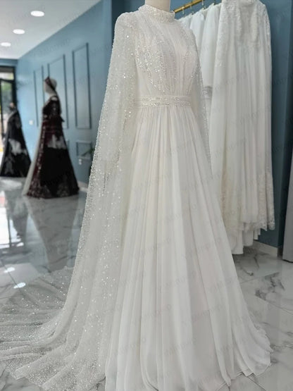 Elegant Muslim Wedding Dresses with Cape High Neck Long Sleeves Sequined Hijab Bride Bridal Gowns Customized robe de mariée