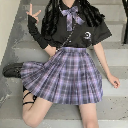 Romantic Purple Uniform JK Set Women 2025 Summer High Waist Skirts Korean Style Pleated Skirts Shirt And Tie For Cute Girls Suit