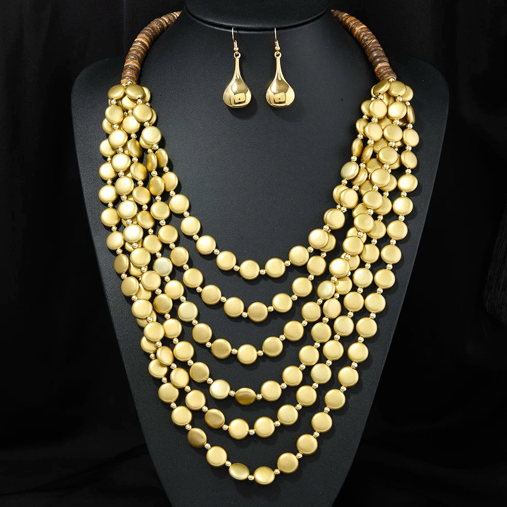 2026 Trend MultiLayer Round Wood Disc Handmade Beaded Statement Necklace Earrings Set For Women Beach Holiday Party Accessories