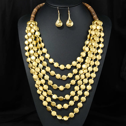 2026 Trend MultiLayer Round Wood Disc Handmade Beaded Statement Necklace Earrings Set For Women Beach Holiday Party Accessories