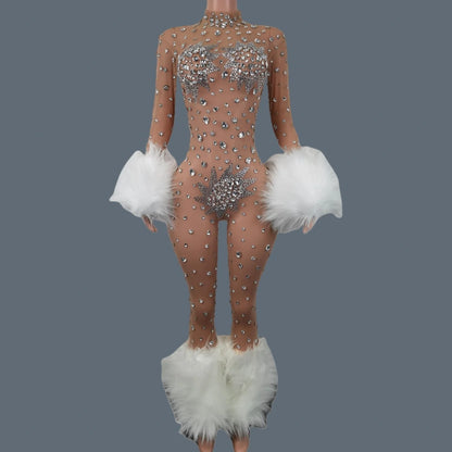 Shiny Crystals Pink Mesh Jumpsuit Sexy Feather Designe Birthday Jumpsuit Club Singer Event Performance Costume Stage Wear Guibin