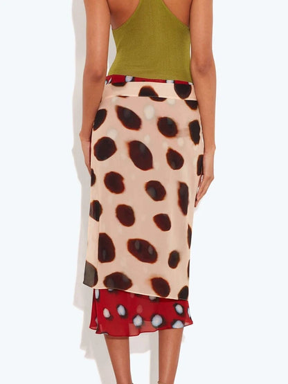 Two Tone Polka Dot Chiffon Wrap Skirt Women Tie Waist Asymmetric Hem Layered Midi Skirt For Summer Beach Vacation Casual Wear