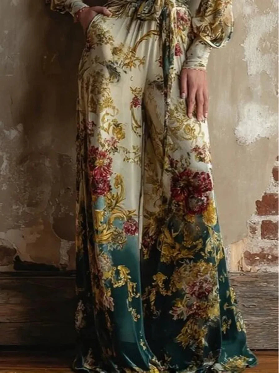 Women's Vintage Print Jumpsuits Fashion Sexy V-neck High Waist Leace-up Wide Legs Jumpsuit Lady Commuting Clothing 2026 New