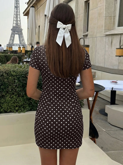Dulzura Turtleneck Short Sleeve Lace Up Hollow Out Polka Dot Mini Dress Women'S Fashion Sexy Elegant Dress Party Vacation Outfit