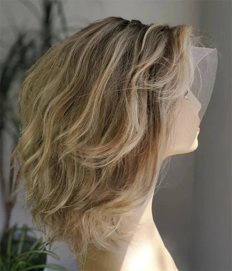 Synthetic Lace Front Wig Short Wavy Bob Wig for Women Blonde Highlights Glueless HD 13X4 Lace Front Wig Pre Plucked Middle Part